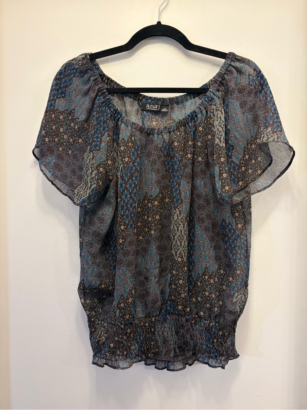 Paisley Sheer Blouse Womens Petite M Flutter Sleeve Smocked Hem a.n.a. - Picture 2 of 11